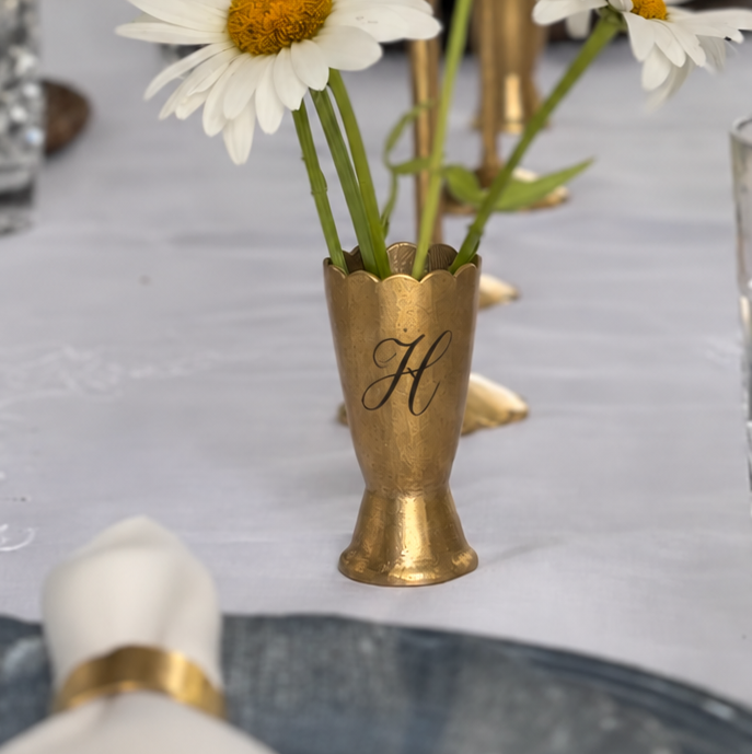 Hand-carved Brass Scallop Bud Vase with a digital rendering of a laser-engraved H initial
