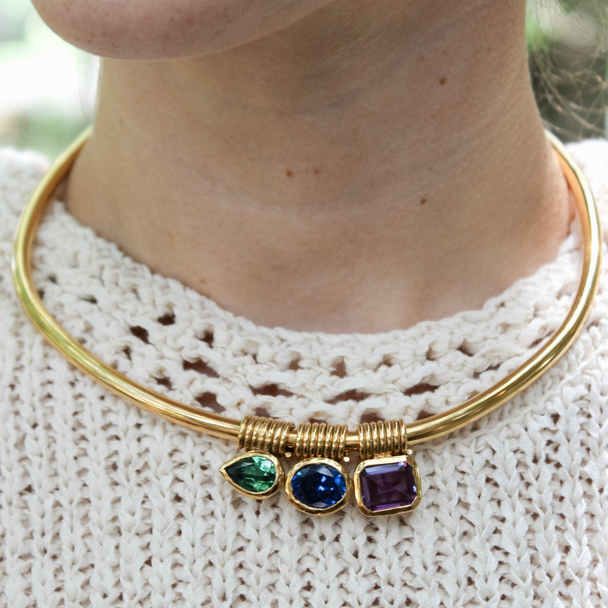 Custom sculptural gold collar necklace with hand-carved details by Mary Frances Maker.
