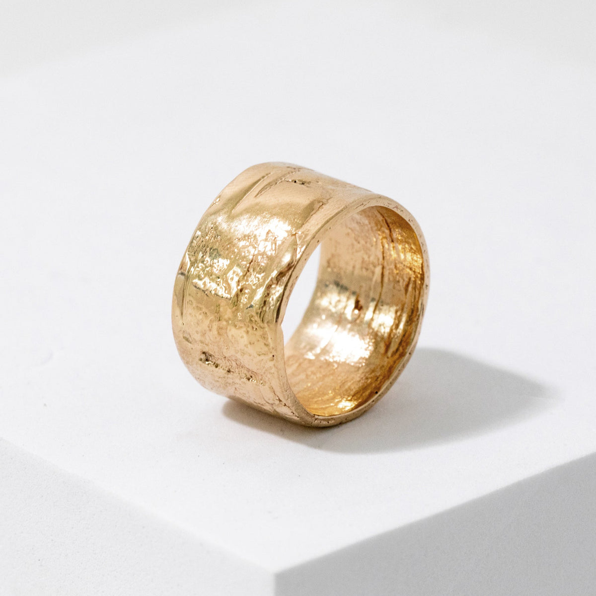 Gold Birch Cigar Band Ring shown from the side