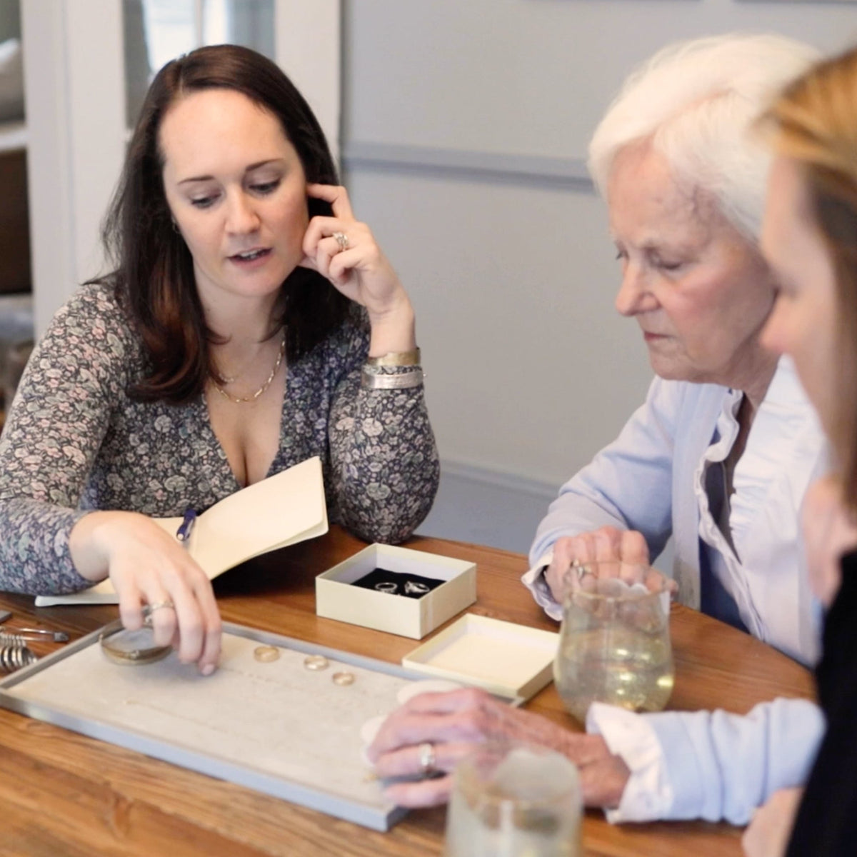 Custom jewelry consultation with Mary Frances Maker, guiding clients through design decisions