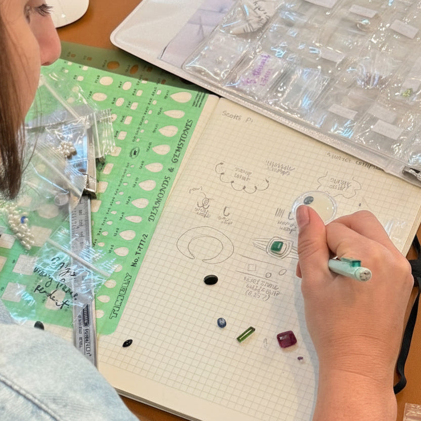 Jewelry design sketches and gemstone selection for a custom piece by Mary Frances Maker