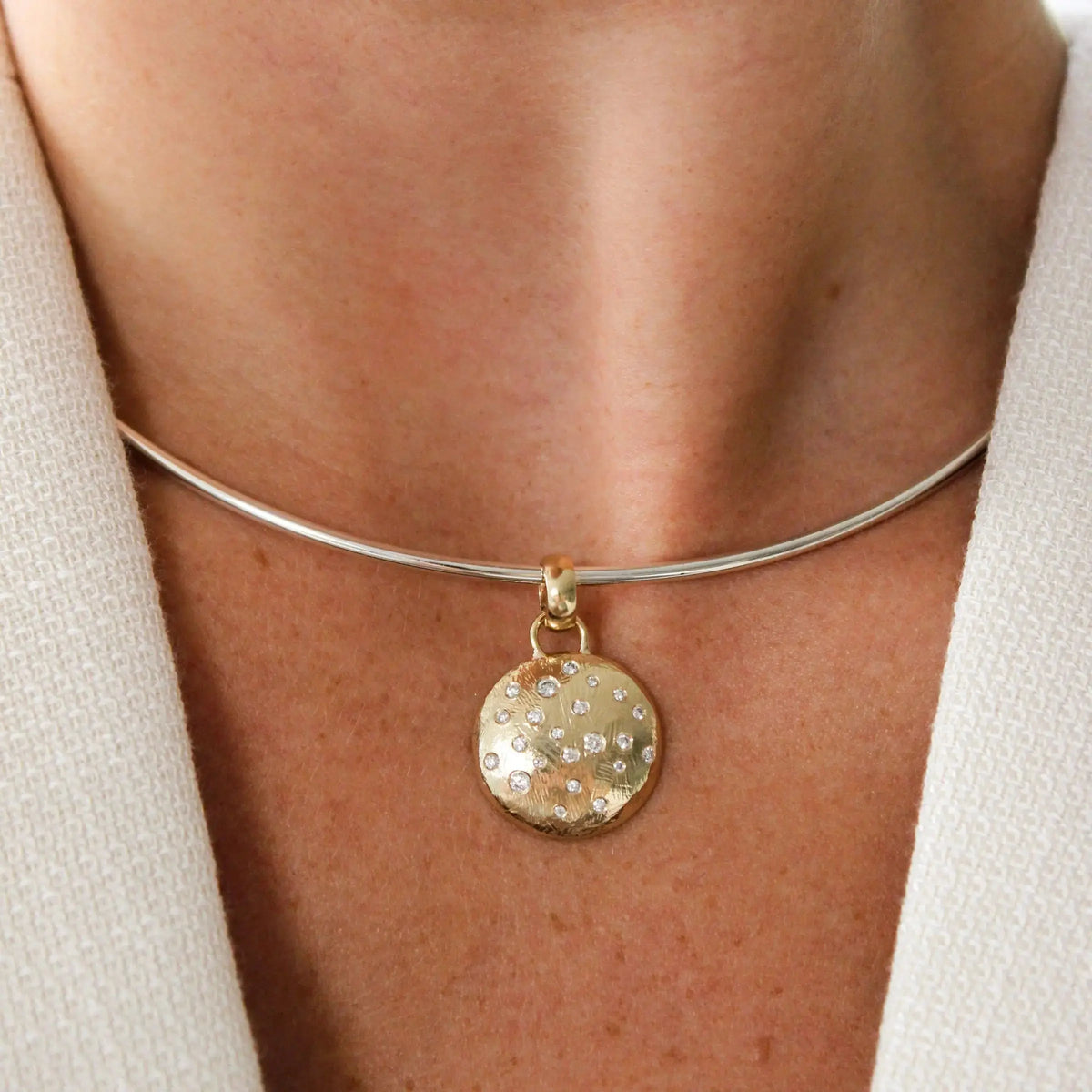 One-of-a-kind scatter diamond gold pendant by Mary Frances Maker